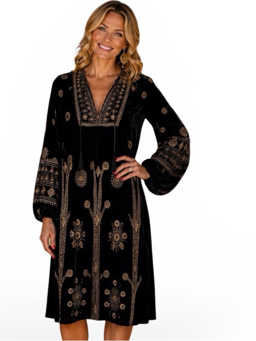 Johnny Was Heidi Velvet Yoke Dress Embroidered Beaded Tassel NWT